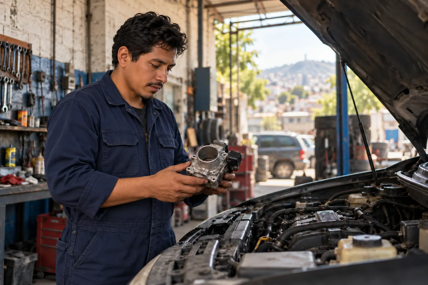 Un mecánico revisa una pieza junto al motor abierto de un carro
